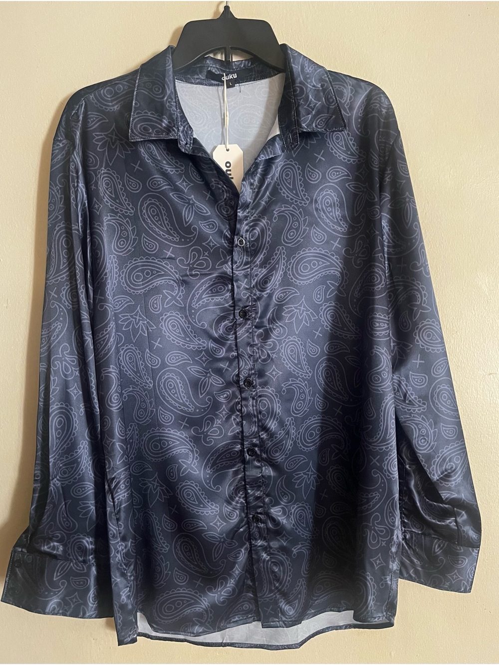 Men's Dark Blue Paisley Satin Button-Down Shirt